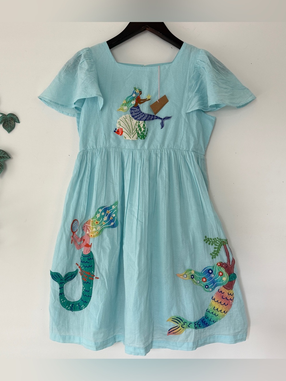 NEW! Mini Boden Girls Mermaid Embroidered Cotton Dress Blue Flutter Sleeve 11-12